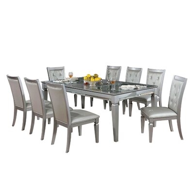 9 Piece Tempered Glass And Wood Dining Set In Silver Finish - Image 0