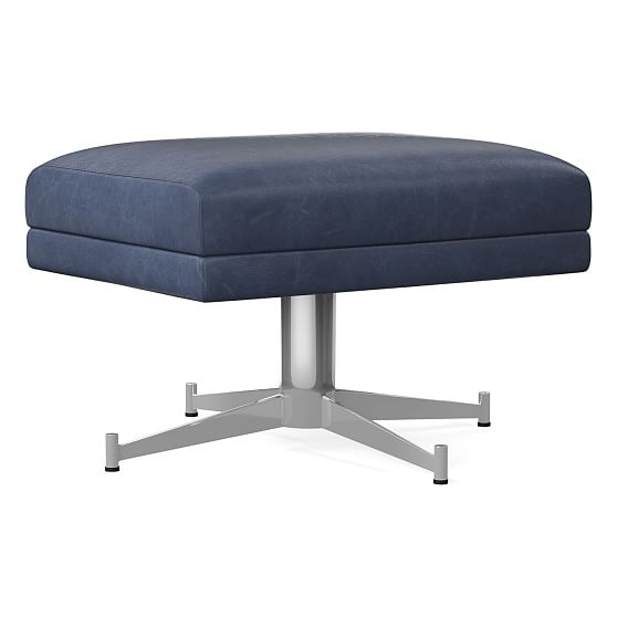 OPEN BOX: Hemming Ottoman, Poly, Ludlow Leather, Navy, Polished Nickel - Image 0