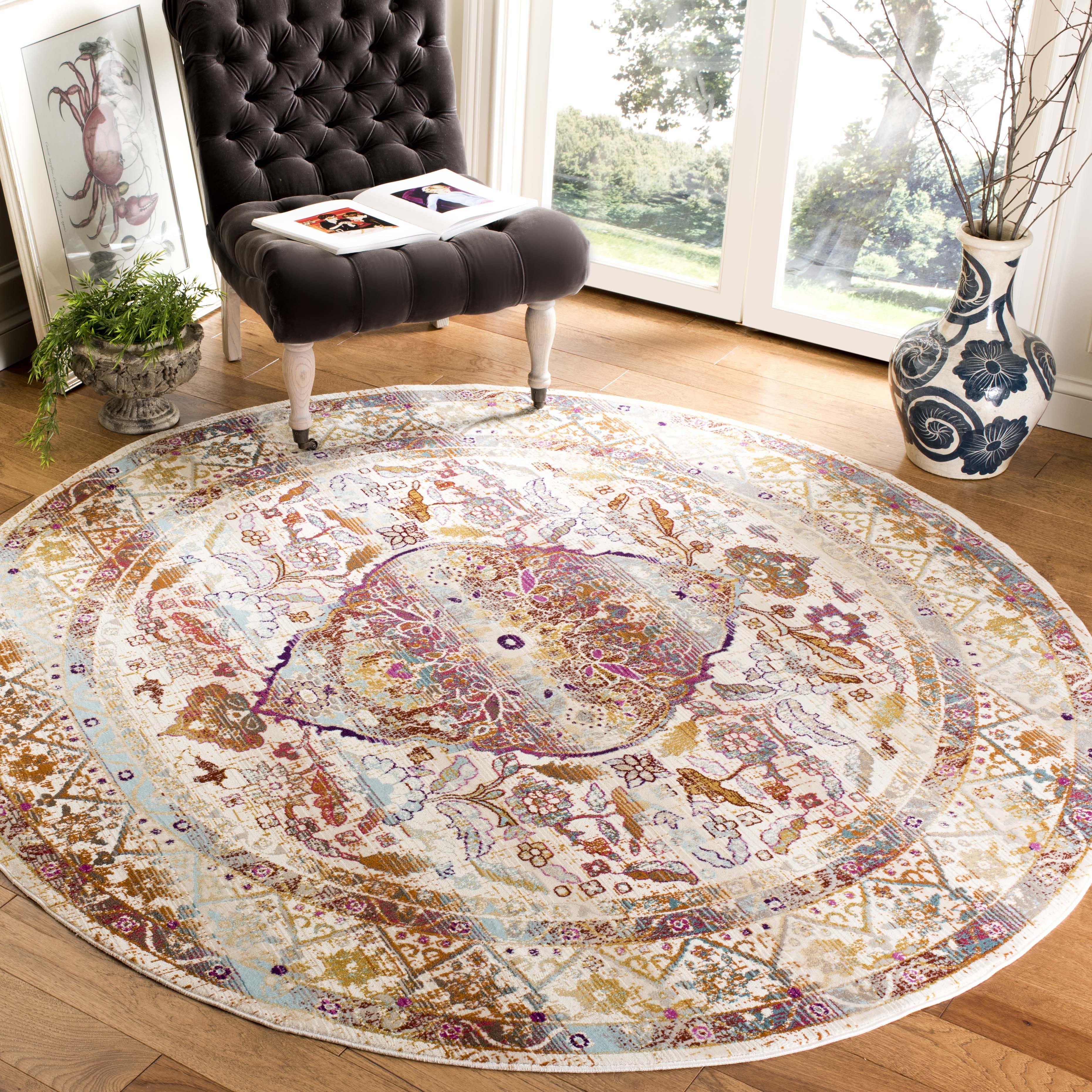 Arlo Home Woven Area Rug, BDN189A, Ivory/Fuchsia,  6' 7" X 6' 7" Round - Image 1