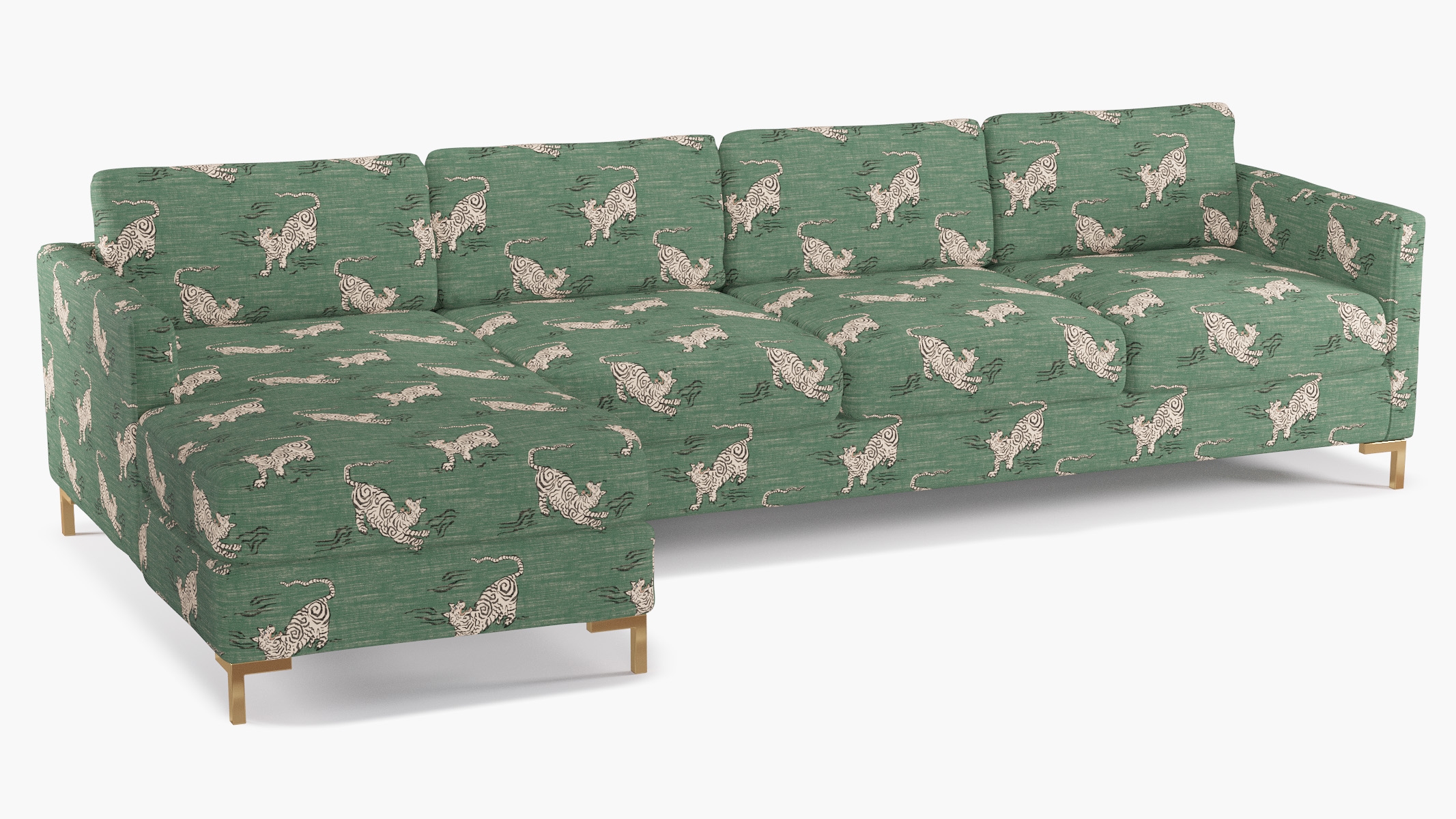 Modern Sectional, Left Facing, Emerald Tigresse, Brass L Leg - Image 1
