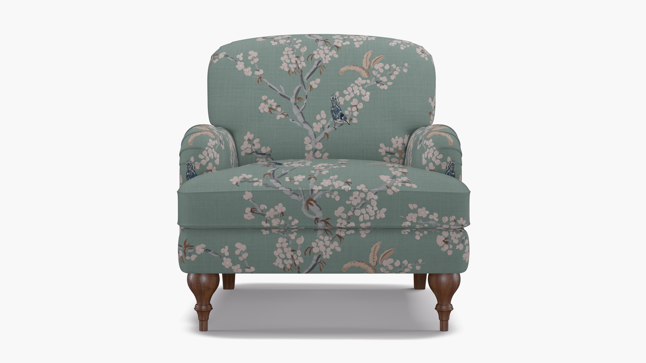 English Roll Arm Chair, Mint Cherry Blossom, Walnut Turned Wood Leg - Image 0