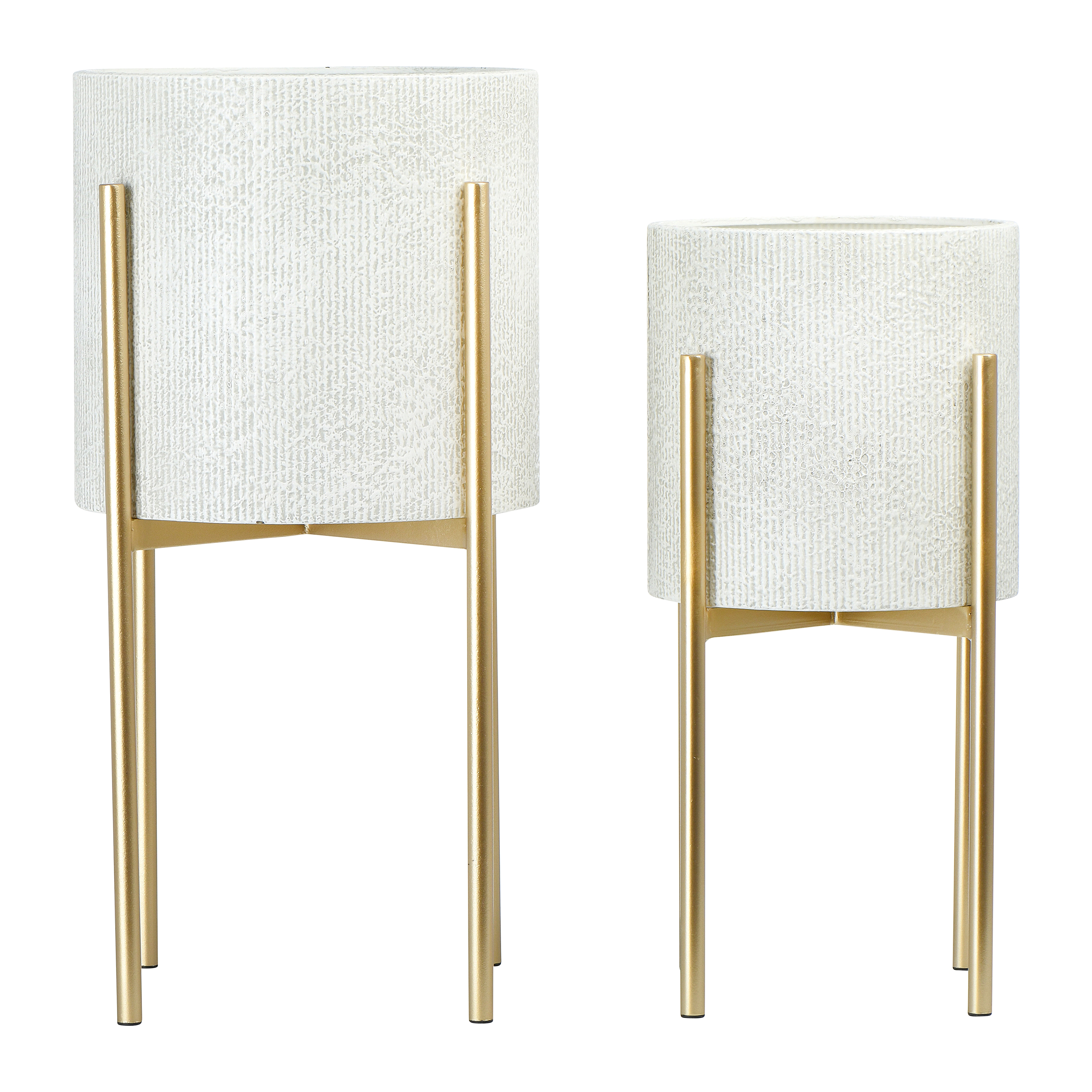 Modern Boho Embossed Metal Planters with Stands, White and Gold, Set of 2 Sizes - Image 0