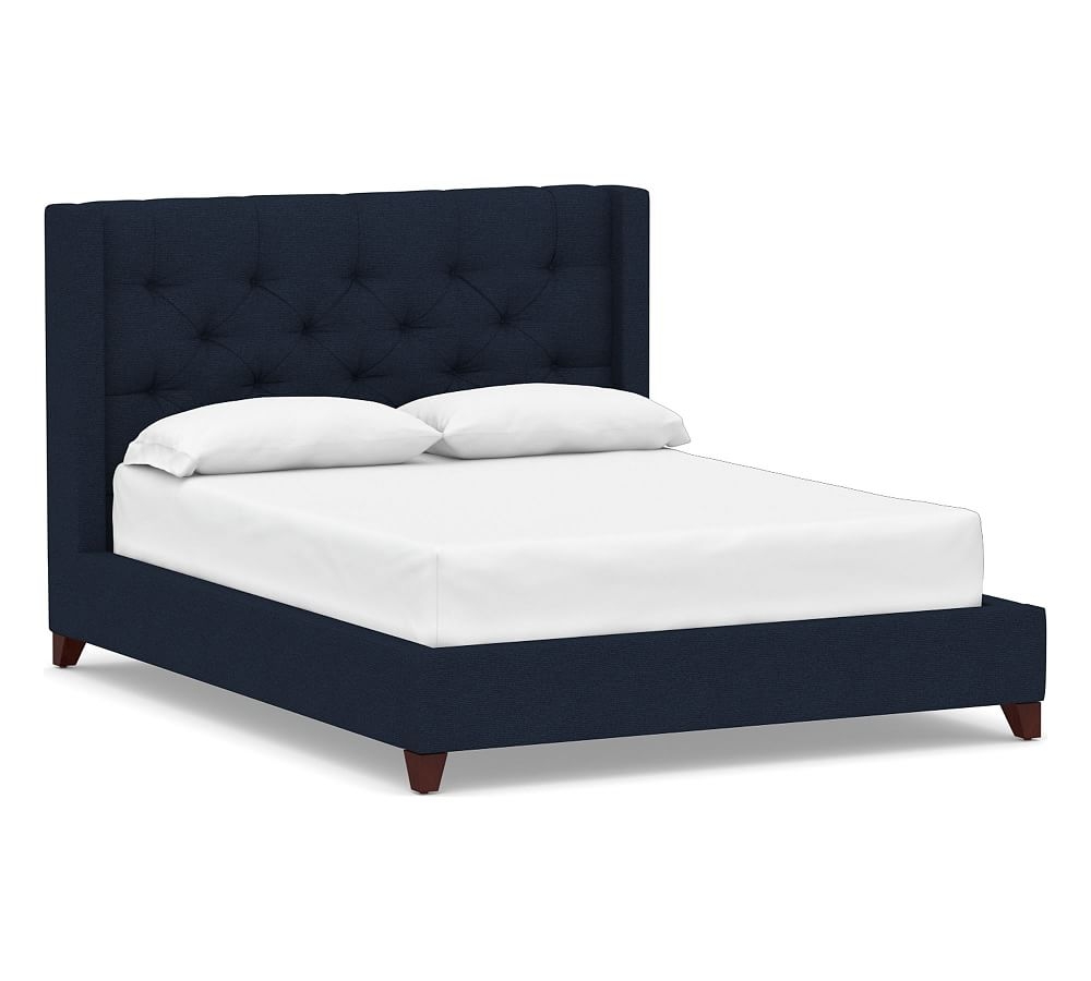 Harper Tufted Upholstered Low Bed without Nailheads, California King, Performance Heathered Basketweave Navy - Image 0