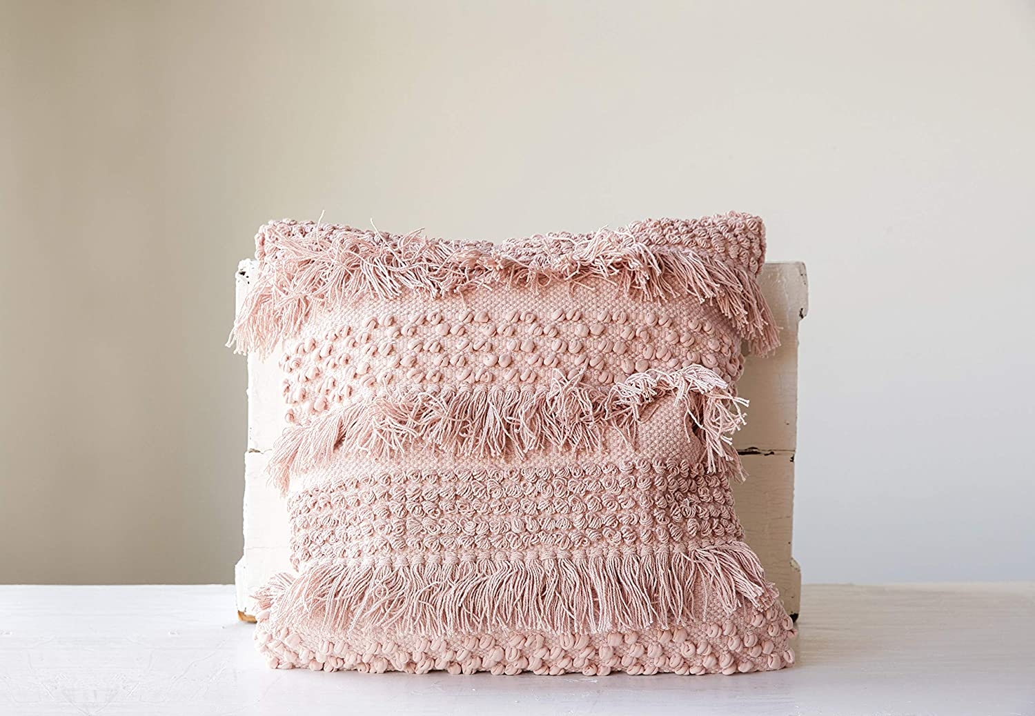 Square Pink Pillow with Fringe and Multiple Designs with Varied Textures - Image 1
