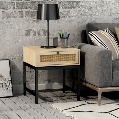 End Table/Side Table 1 Drawer With Rattan Elements,Natural-Color Wood Side Table With Storage,Metal Base,As A  Bedside Table Or Sofa Side Cabinet - Image 0