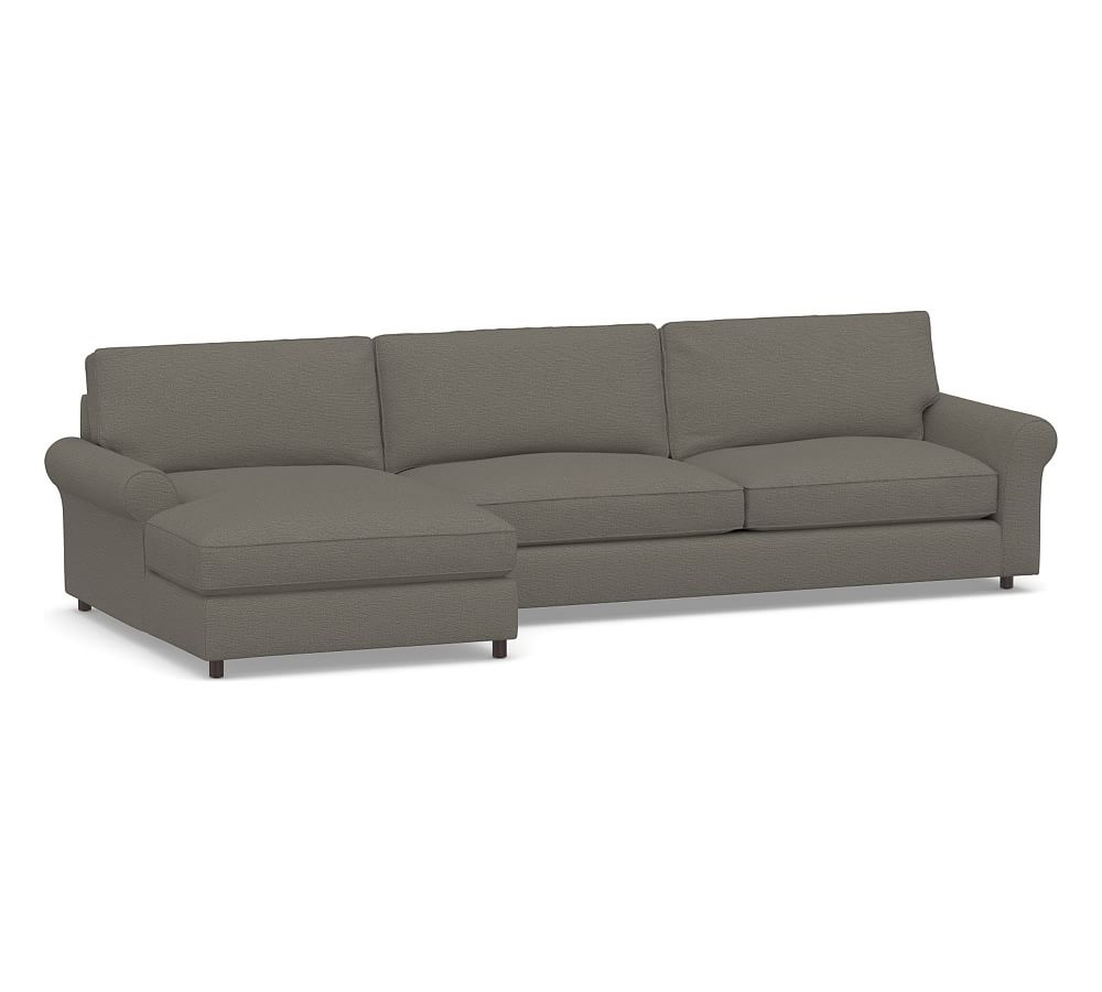 PB Comfort Roll Arm Upholstered Right Arm Sofa with Wide Chaise Sectional, Box Edge Down Blend Wrapped Cushions, Chunky Basketweave Metal - Image 0