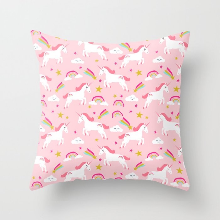 Unicorns Happy Clouds Rainbows Magical Pony Pattern Pink Pastels Pattern Throw Pillow by Charlottewinter - Cover (16" x 16") With Pillow Insert - Indoor Pillow - Image 0