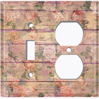 Metal Light Switch Plate Outlet Cover (Purple Tint Wood Print Pink Rose Flower Fence - Single Toggle Single Duplex) - Image 0