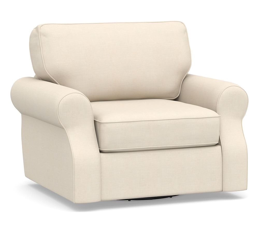 SoMa Fremont Roll Arm Upholstered Swivel Armchair, Polyester Wrapped Cushions, Sunbrella Performance Sahara Weave Ivory - Image 0