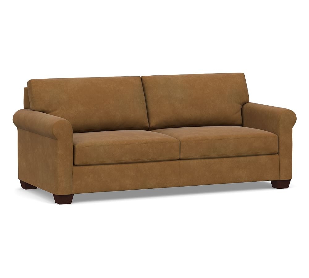 York Roll Arm Leather Sofa 83", Polyester Wrapped Cushions, Nubuck Camel - Image 0