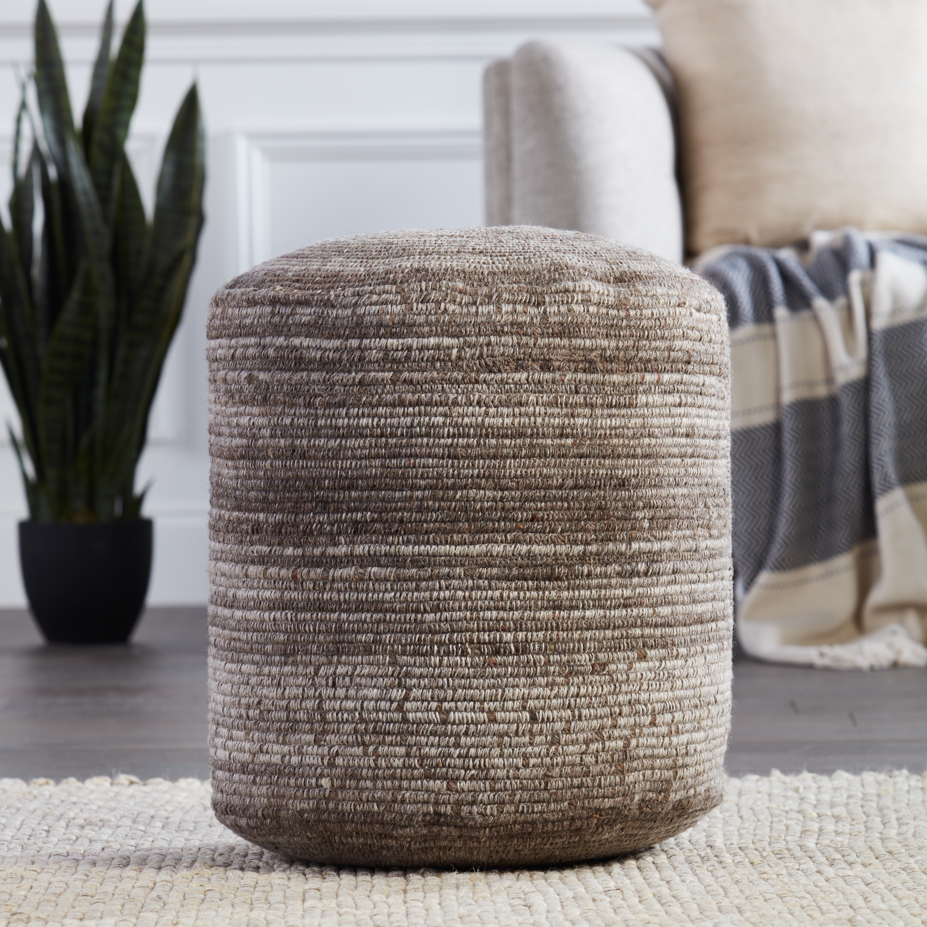Duro Stripes Gray/ Brown Cylinder Pouf - Image 1