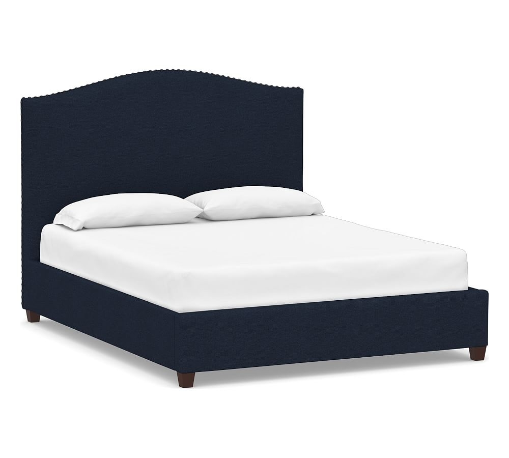 Raleigh Curved Upholstered Tall Bed with Bronze Nailheads, California King, Performance Heathered Basketweave Navy - Image 0