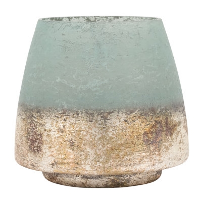 Seagreen Metallic Coastal Themed Glass Hurricane Vase, 8D" X 7.5H" - Image 0