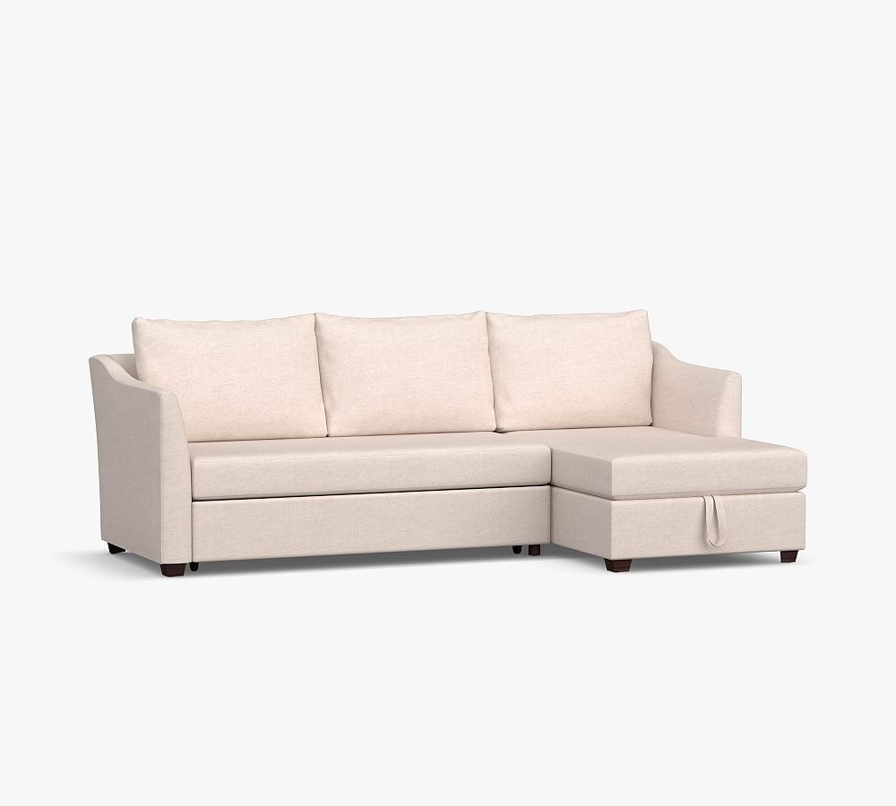 Celeste Upholstered Left Arm Trundle Sleeper with Storage Chaise Sectional, Polyester Wrapped Cushions, Performance Heathered Basketweave Platinum - Image 0