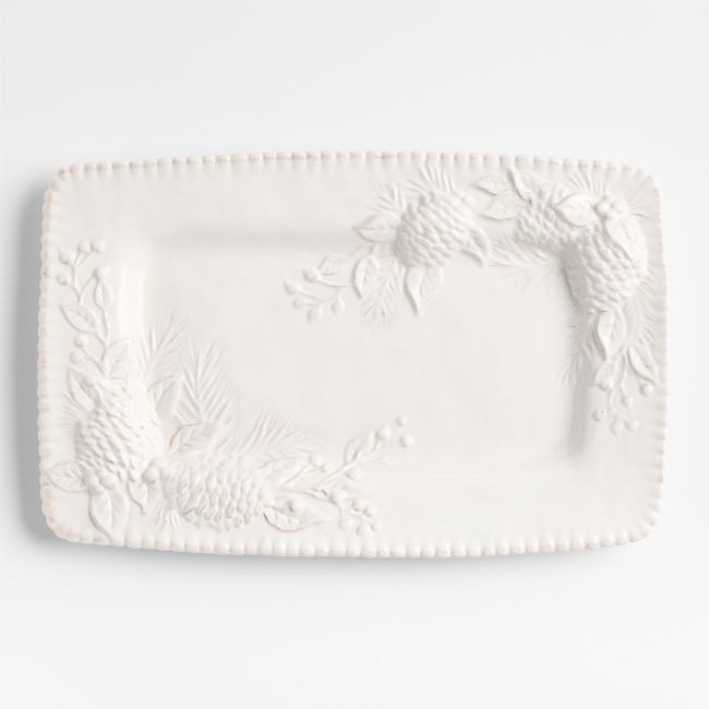 White Embossed Pinecone Stoneware Platter - Image 0
