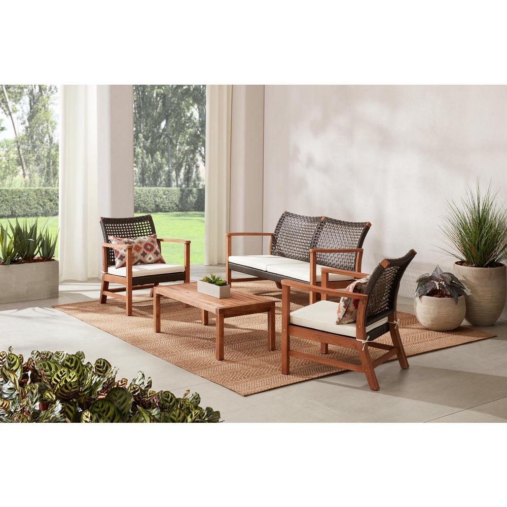 Hampton Bay Clover Cay 4-Piece Wicker Outdoor Patio Conversation Seating Set With Off-White Cushions - Image 0