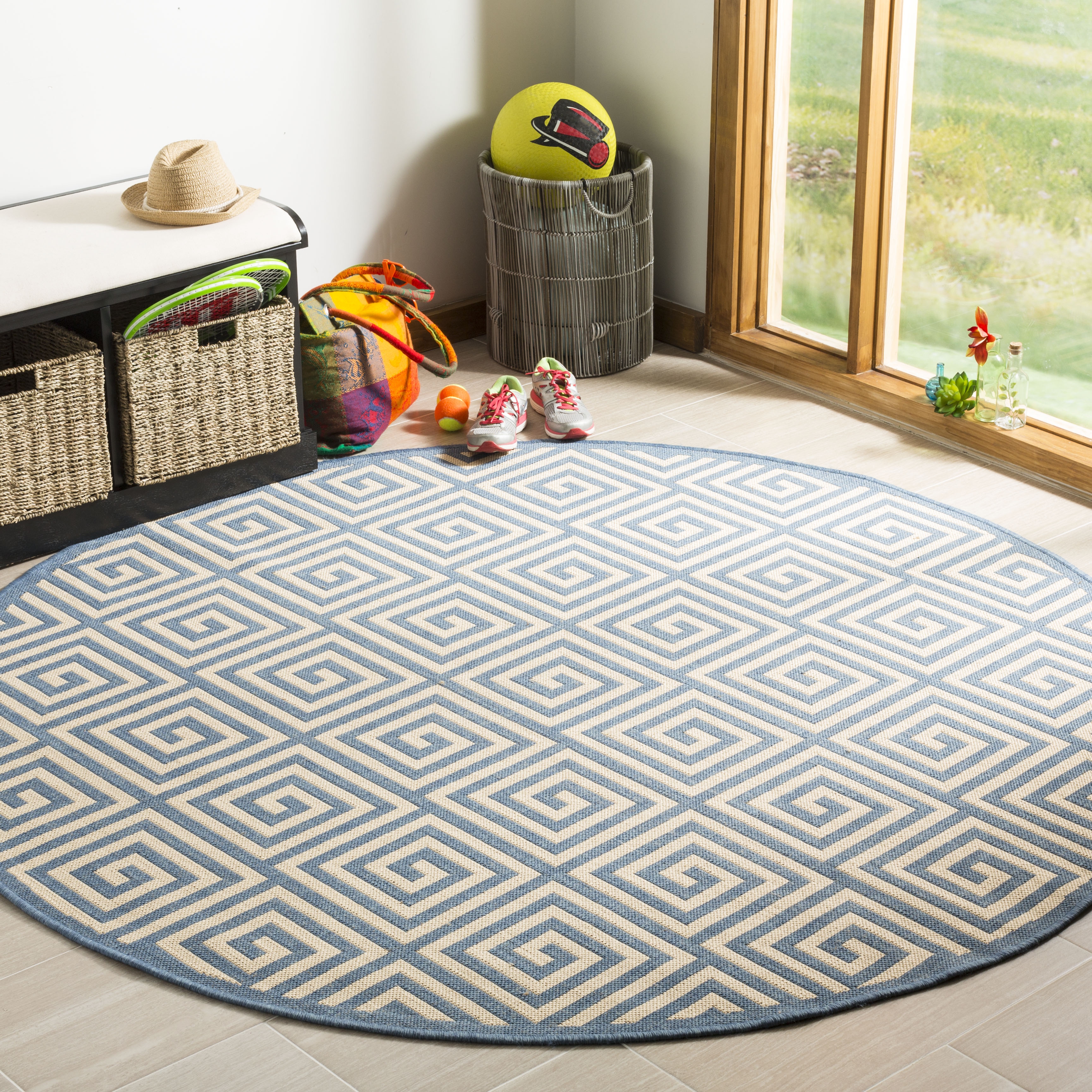 Arlo Home Indoor/Outdoor Woven Area Rug, LND129N, Cream/Blue,  6' 7" X 6' 7" Round - Image 1