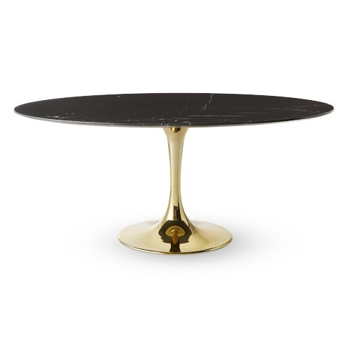 Tulip Pedestal Dining Table, Oval, Antique Brass Base, Black Marble Top - Image 0