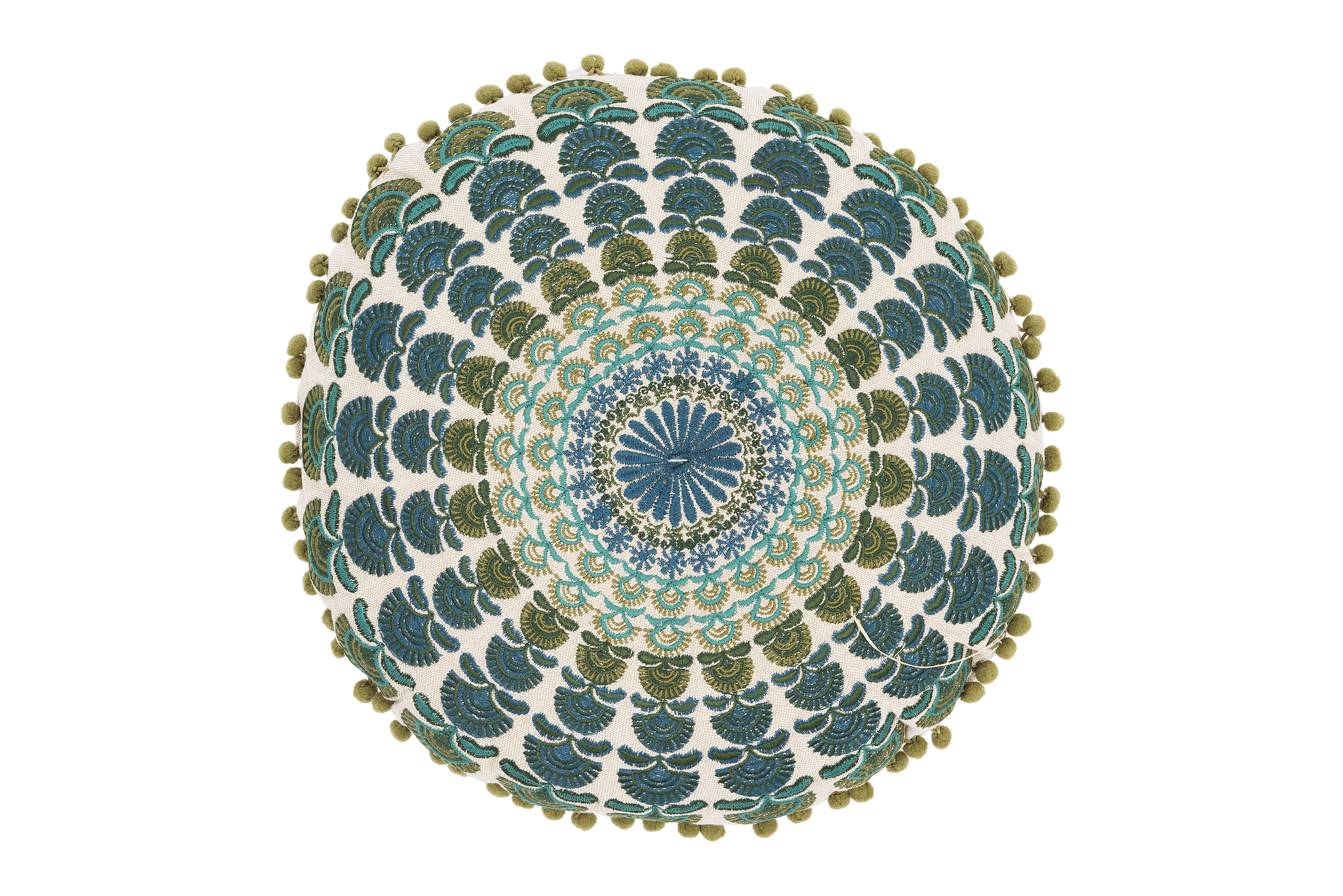 Blue & Green Round Cotton Chambray Pillow with Pom Poms - Image 0