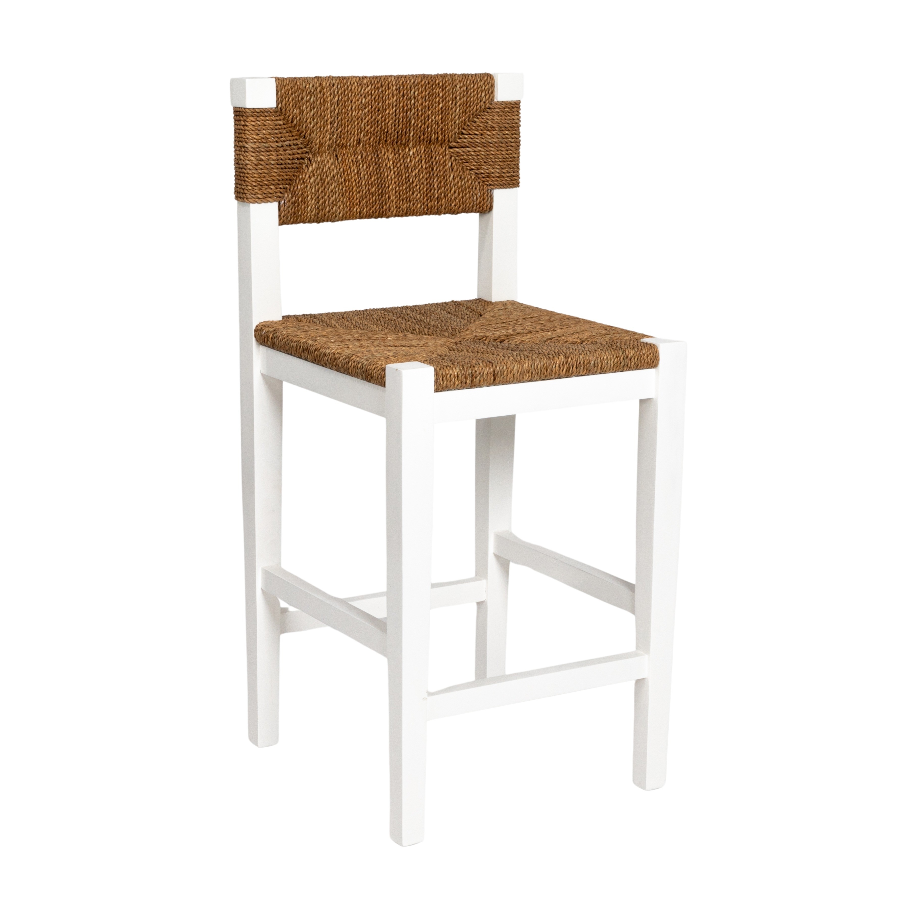 Willowbrook Solid Wood and Natural Woven Seagrass Rope Counter Height Bar Stool, Matte White Finish - Image 0