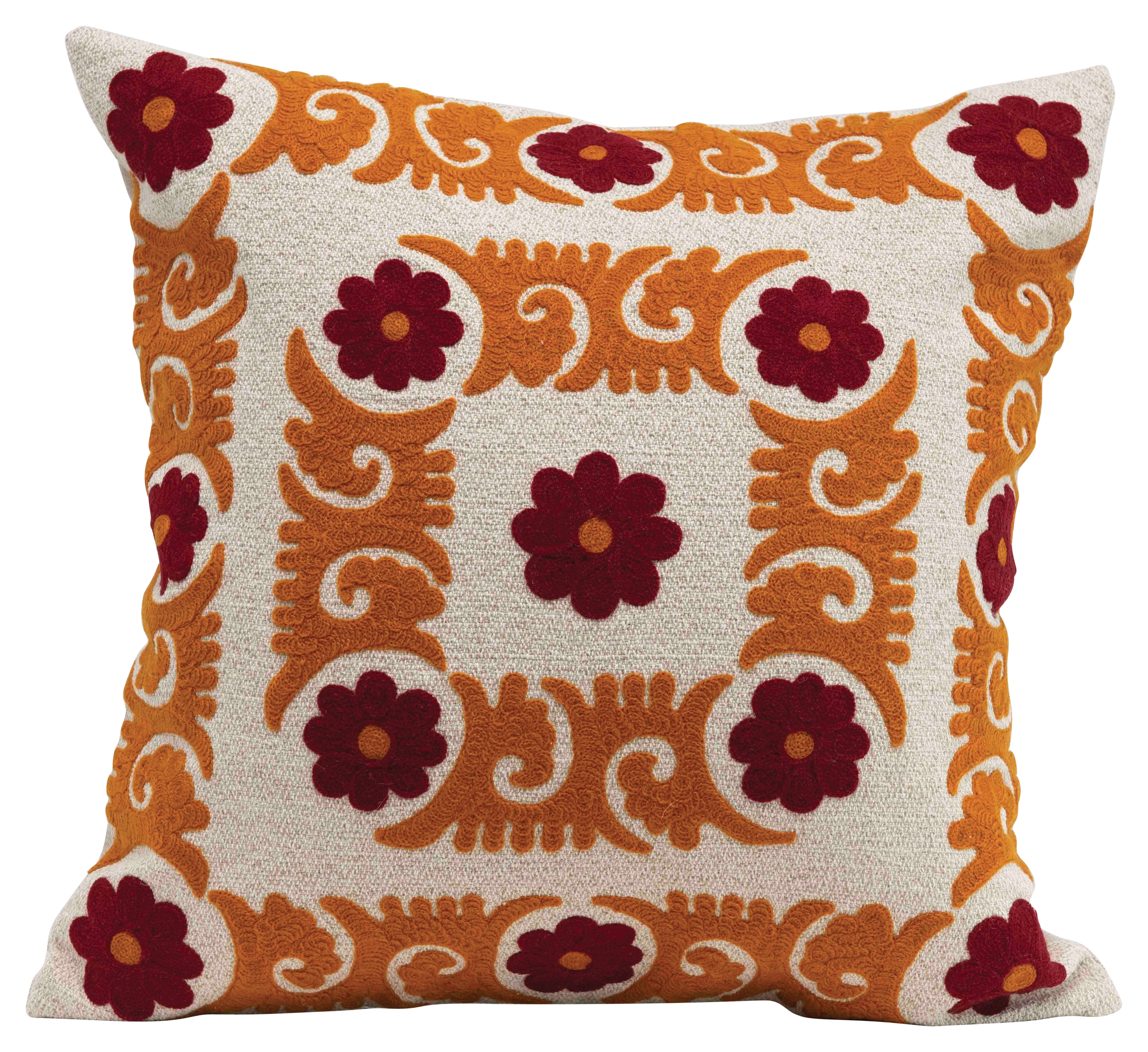 Square Floral Embroidered Cotton Pillow - Image 0