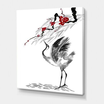 Japanese Cranes Bird Drawing With Red Flowers - Traditional Canvas Wall Art Print - Image 0