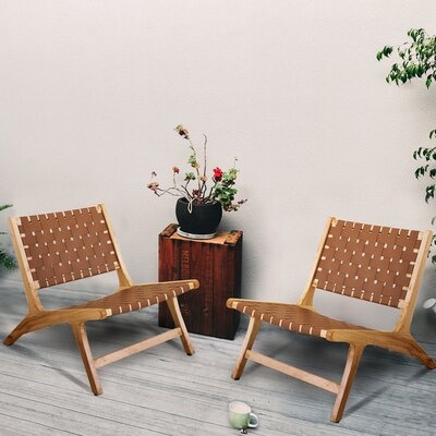 Mid-century Modern Leather Weave Woven Retro Accent Chair Armchair Wooden Lounge Chairs Safari Recliner, For Living Room（set Of 2） - Image 0