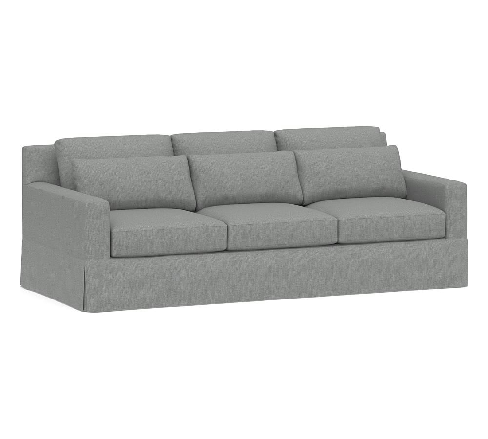 York Square Arm Slipcovered Deep Seat Grand Sofa 95" 3x3, Down Blend Wrapped Cushions, Performance Brushed Basketweave Chambray - Image 0