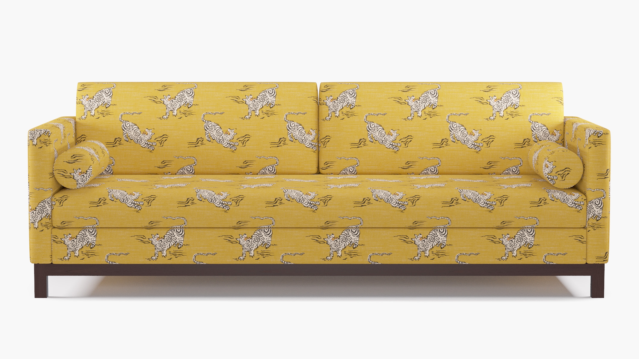 Tailored Tuxedo Sofa, Dijon Tigresse, Espresso Wood Rail - Image 0