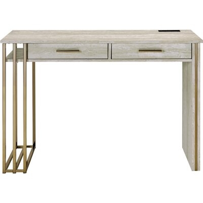 Writing Desk With 2 Drawers And Built In USB Port, Oak White And Gold - Image 0