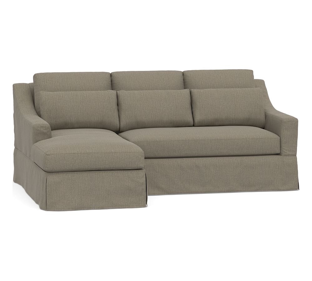 York Slope Arm Slipcovered Deep Seat Right Arm Loveseat with Chaise Sectional, Bench Cushion, Down Blend Wrapped Cushions, Chenille Basketweave Taupe - Image 0