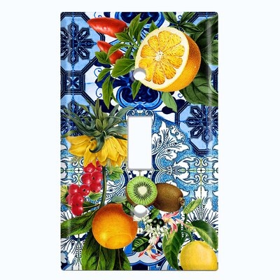 Metal Light Switch Plate Outlet Cover (Elegant Blue White Fruits Flower Damask Tile  - Single Toggle) - Image 0