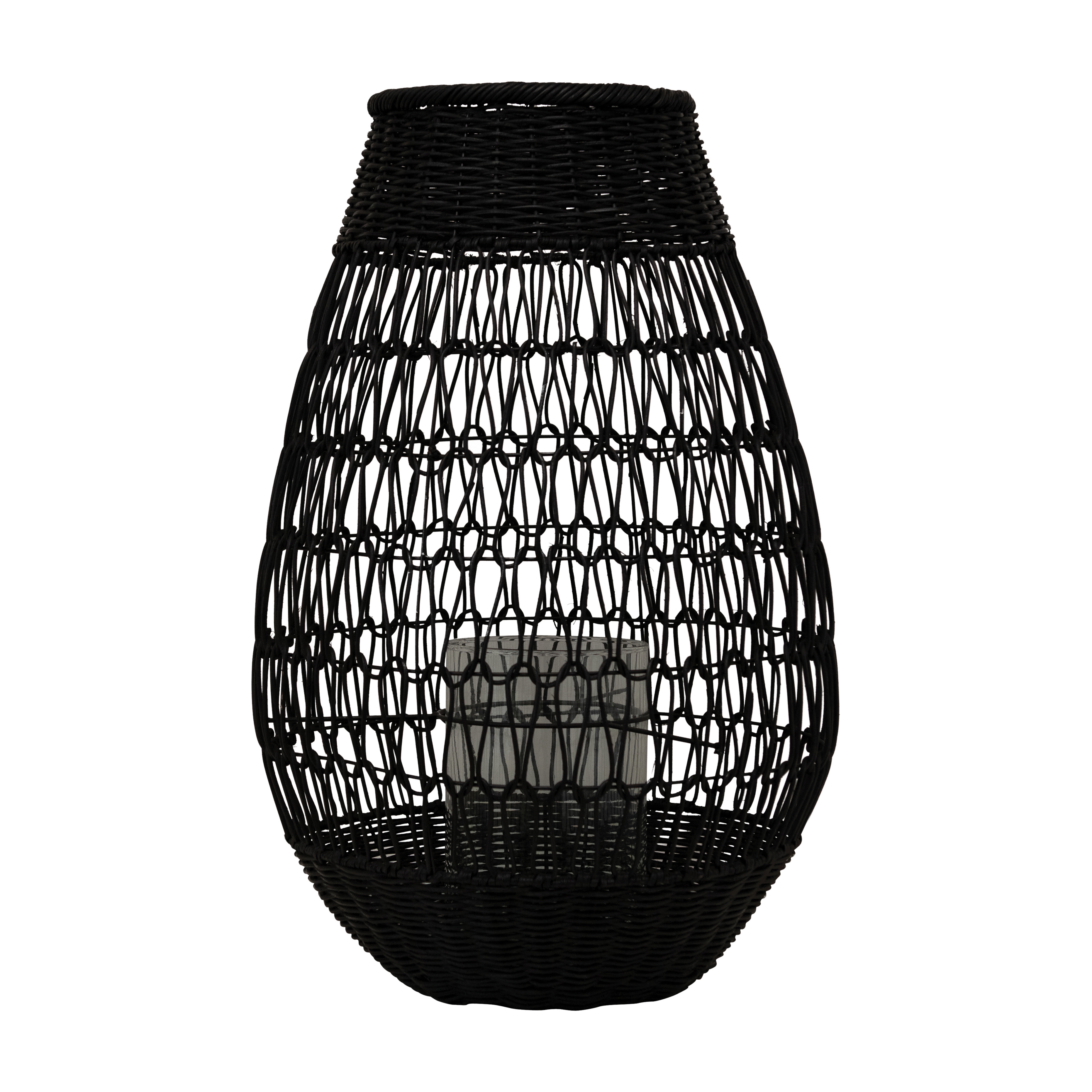 Rattan Lantern with Glass Insert, Black - Image 0