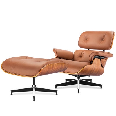 Top Grain Brown Leather Dark Rosewood Swivel Lounge Chair with Ottoman and Armrest Accent Chair - Image 0