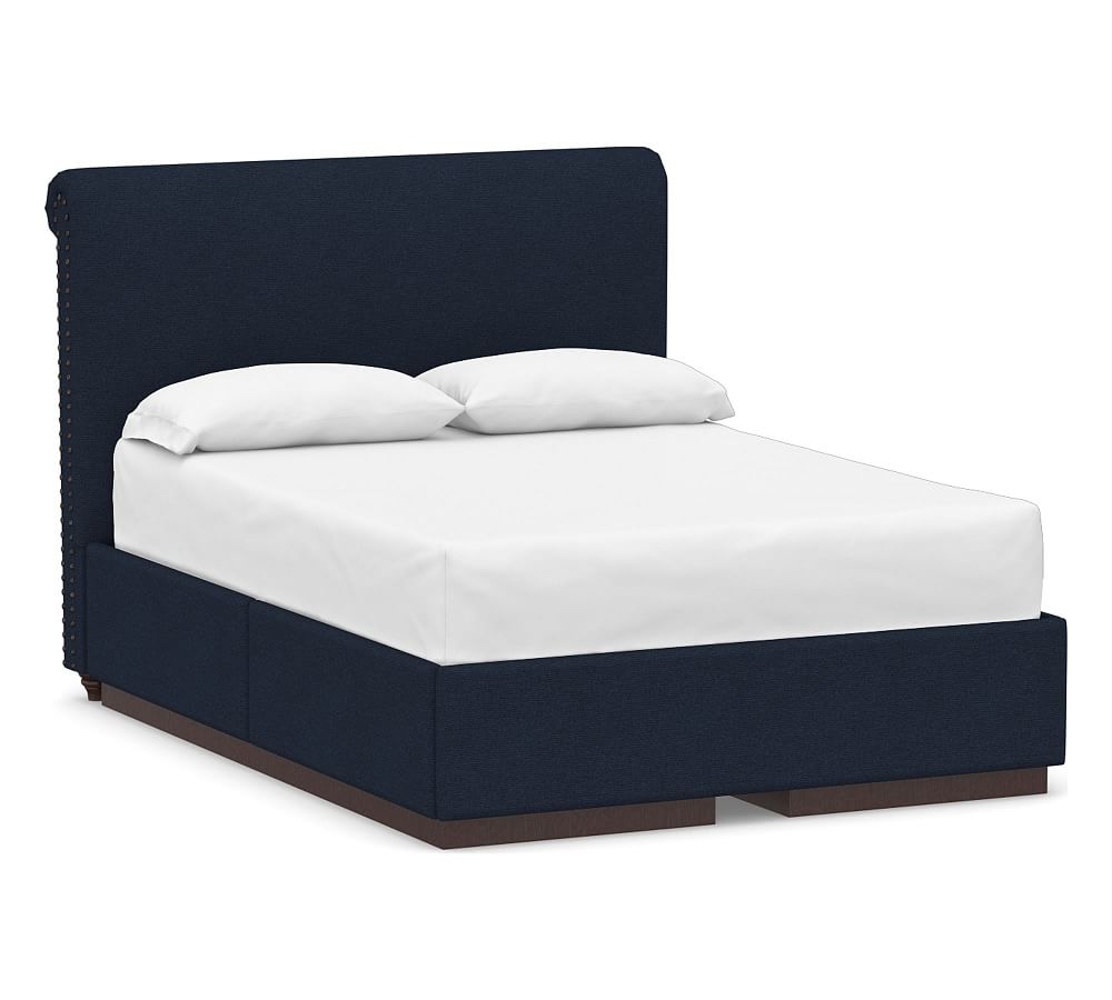Chesterfield Non-Tufted Upholstered Headboard and Side Storage Platform Bed, Full, Performance Heathered Basketweave Navy - Image 0