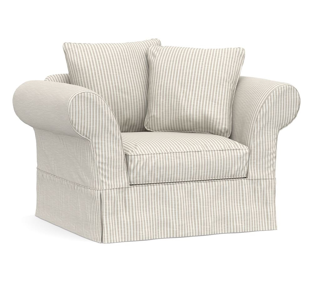 Charleston Slipcovered Chair-and-a-Half, Polyester Wrapped Cushions, Classic Stripe Oatmeal - Image 0