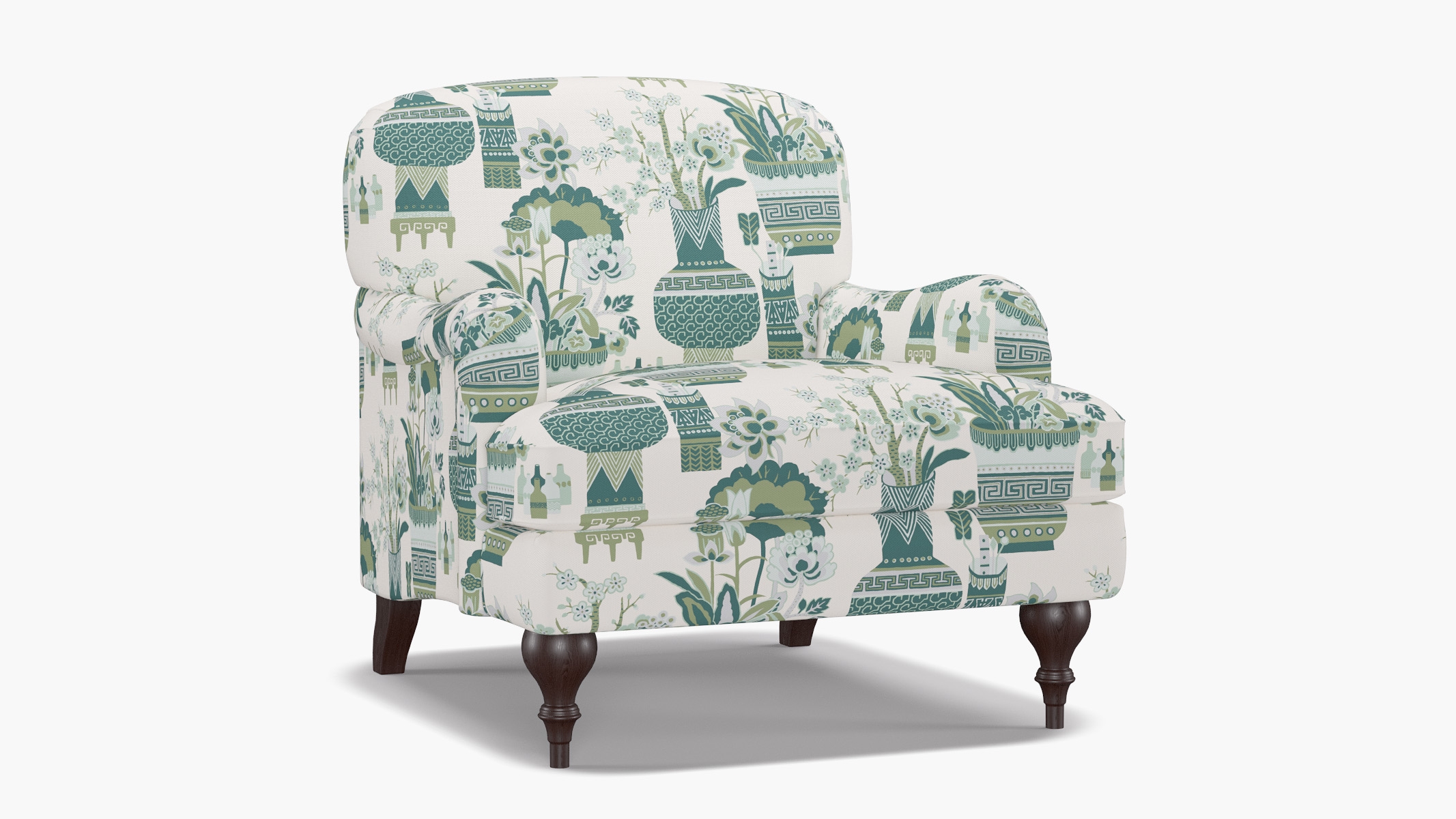 English Roll Arm Chair, Pistachio Kan-Shie, Espresso Turned Wood Leg - Image 1