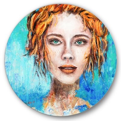 A Woman Face With Green Eyes & Red Hair - Modern Metal Circle Wall Art - Image 0