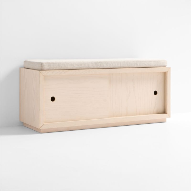 Cade Sunwashed Wood 3-Cube Sliding Door Bench with Natural Cushion - Image 1