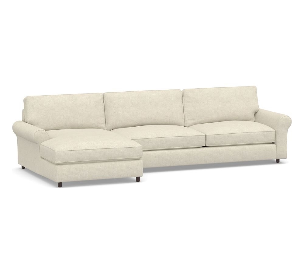 PB Comfort Roll Arm Upholstered Right Arm Sofa with Double Chaise Sectional, Box Edge Down Blend Wrapped Cushions, Basketweave Slub Oatmeal - Image 0