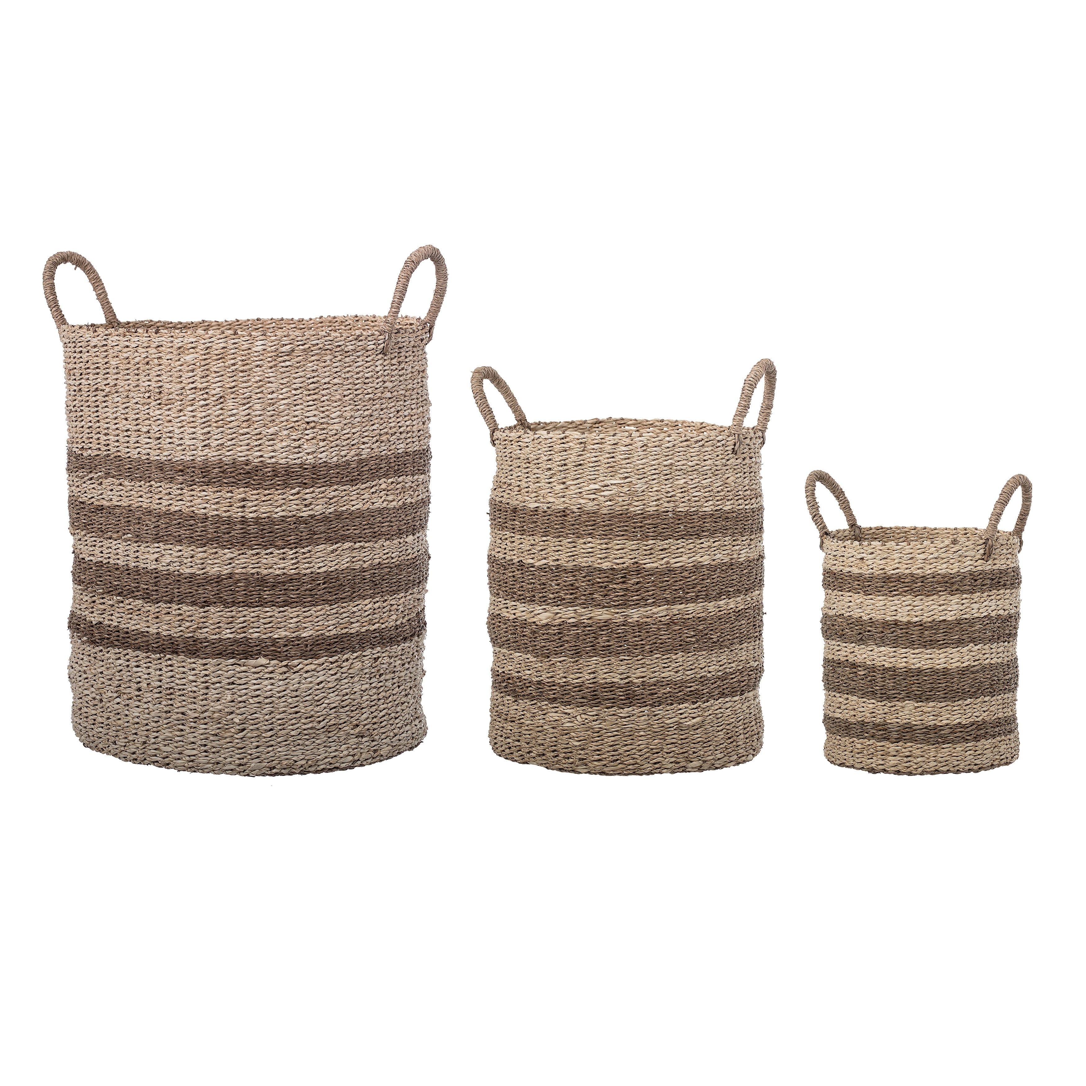 Brown Striped Natural Seagrass & Palm Baskets with Handles (Set of 3 Sizes) - Image 0
