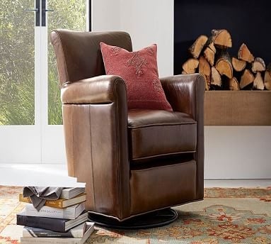 Irving Roll Arm Leather Swivel Armchair, Polyester Wrapped Cushions, Vintage Camel - Image 5
