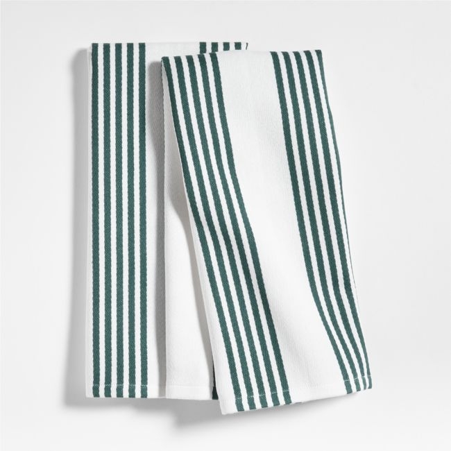 Cuisine White with Green Stripe Organic Cotton Dish Towels, Set of 2 - Image 0