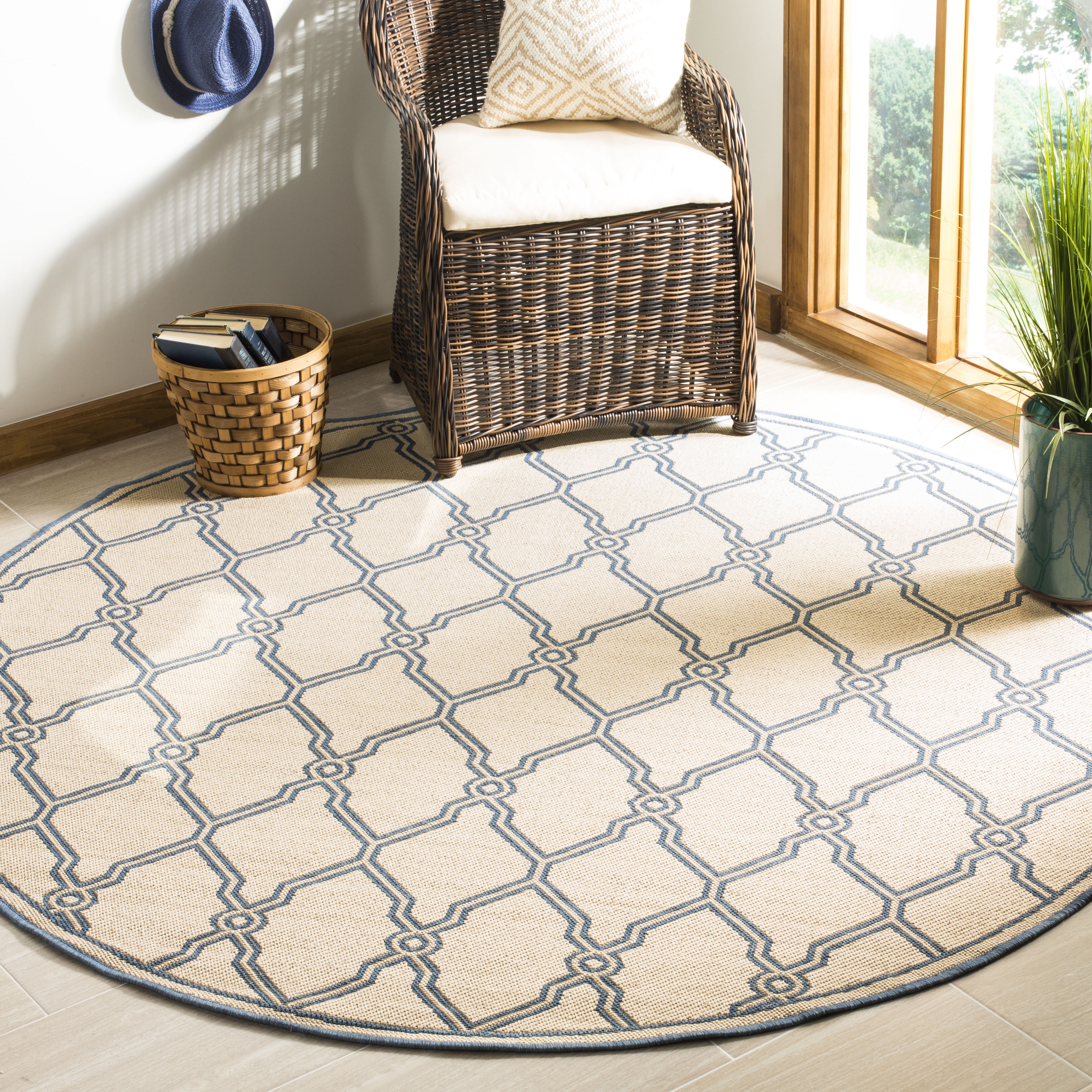 Arlo Home Indoor/Outdoor Woven Area Rug, LND124N, Cream/Blue,  6' 7" X 6' 7" Round - Image 1
