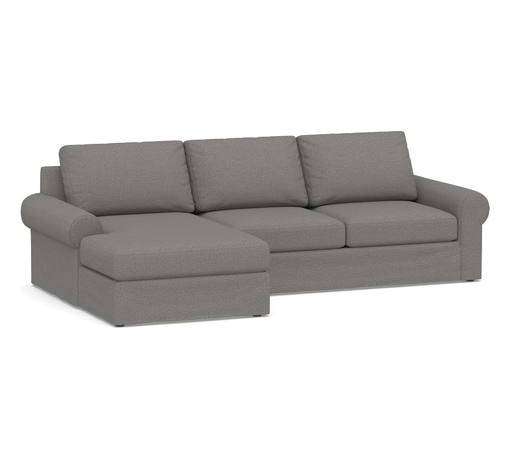 Big Sur Roll Arm Slipcovered Right Arm Loveseat with Chaise Sectional, Down Blend Wrapped Cushions, Performance Chateau Basketweave Blue - Image 0