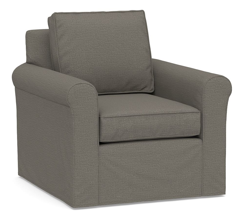 Cameron Roll Arm Slipcovered Deep Seat Swivel Armchair, Polyester Wrapped Cushions, Chunky Basketweave Metal - Image 0
