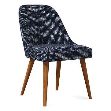 Mid-Century Upholstered Dining Chair, Drawn Dots, Indigo, Pecan - Image 0