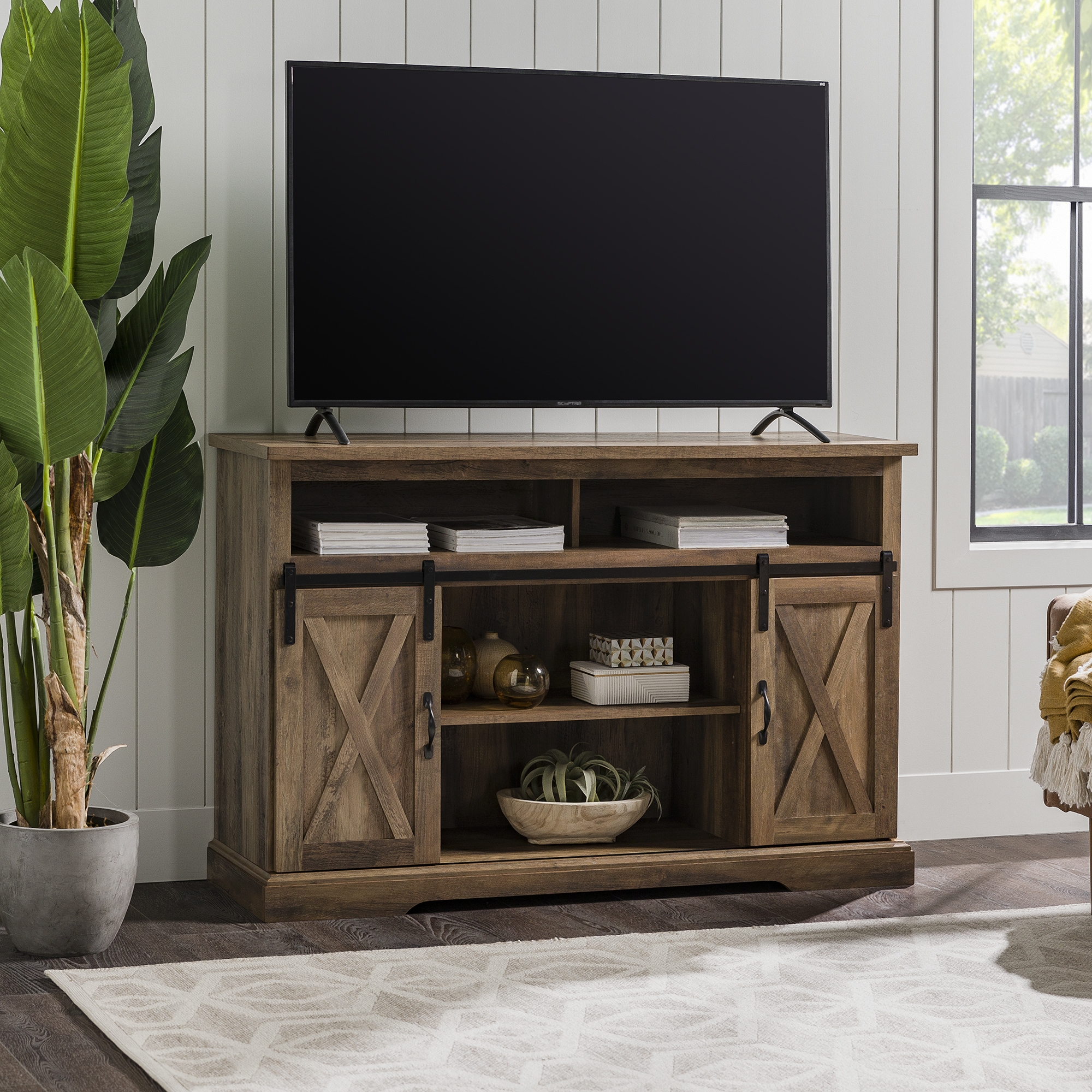 52" Sliding Barn Door Highboy Modern Farmhouse TV Stand - Rustic Oak  - Image 4