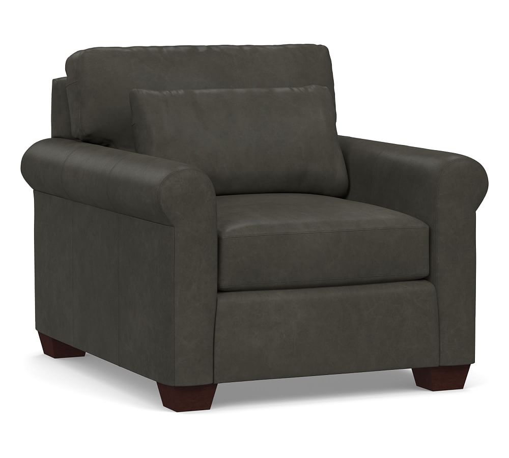 York Roll Arm Leather Deep Seat Armchair, Polyester Wrapped Cushions, Churchfield Ebony - Image 0