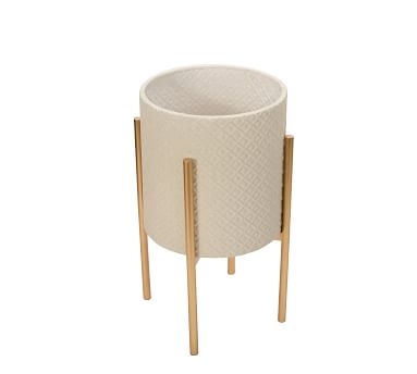 Leah White Patterned Raised Planters with Gold Stand, Set of 2 - Image 2